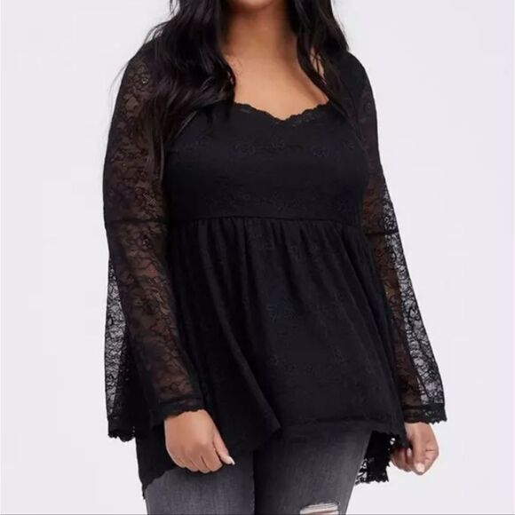 Torrid Bell Sleeve Babydoll Top Lace Black whimsigoth Witchy Stevie Nicks Goth - Picture 16 of 16